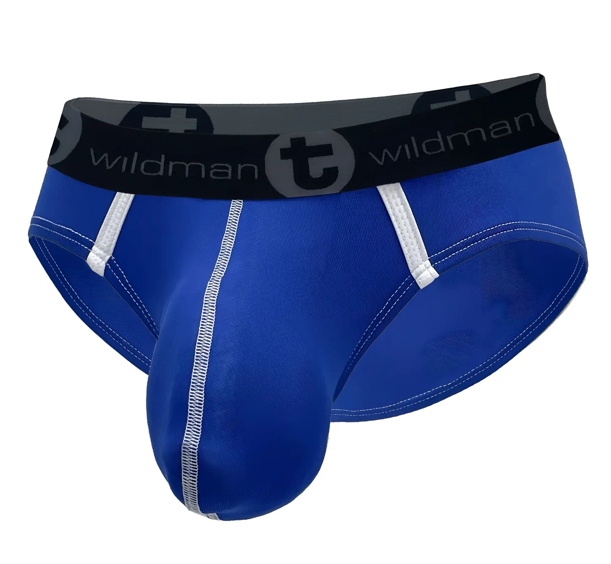 Royal blue modal pouch briefs with white stitching, side panel accents, and a black waistband with "wildman" branding.