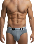 WildmanT silver gray modal big boy pouch brief with a branded silver waistband, worn on a toned male torso.
