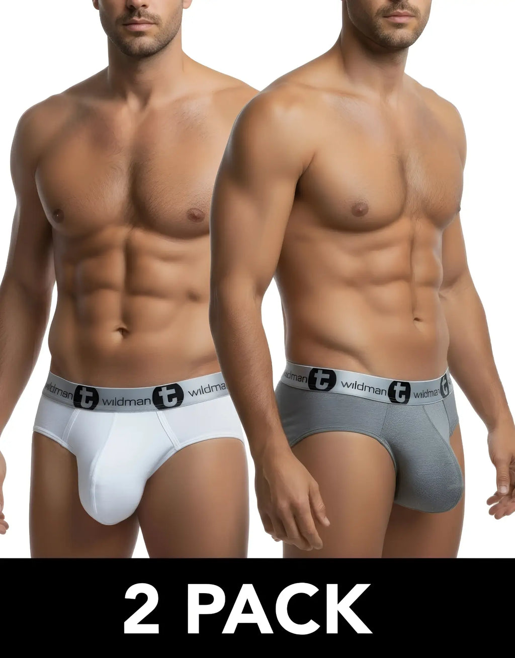 A 2-pack of WildmanT Modal Big Boy pouch briefs in white and gray, featuring an elastic waistband with logo branding.