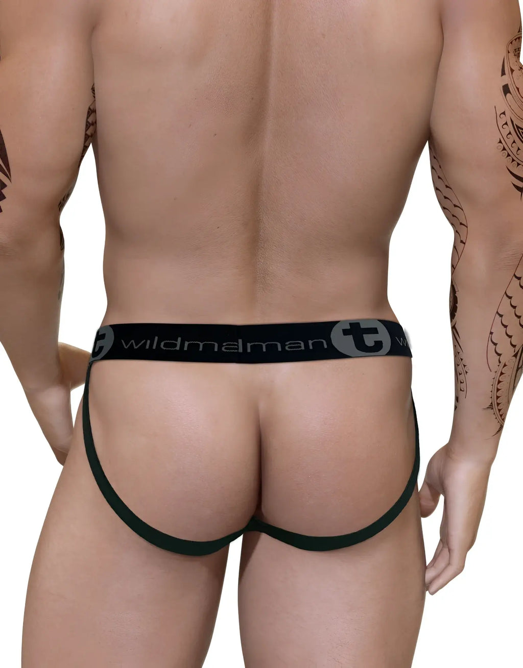 Back view of a baby blue WildmanT jockstrap with a black branded waistband featuring the "wildmant" logo.