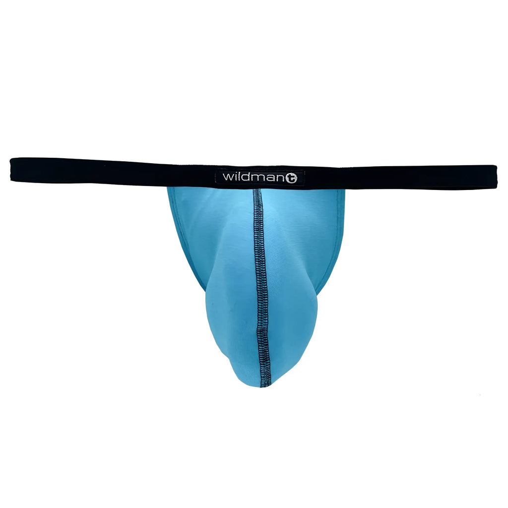 Baby blue modal micro thong with a prominent pouch, black waistband, and WildmanT logo tag, isolated on white.