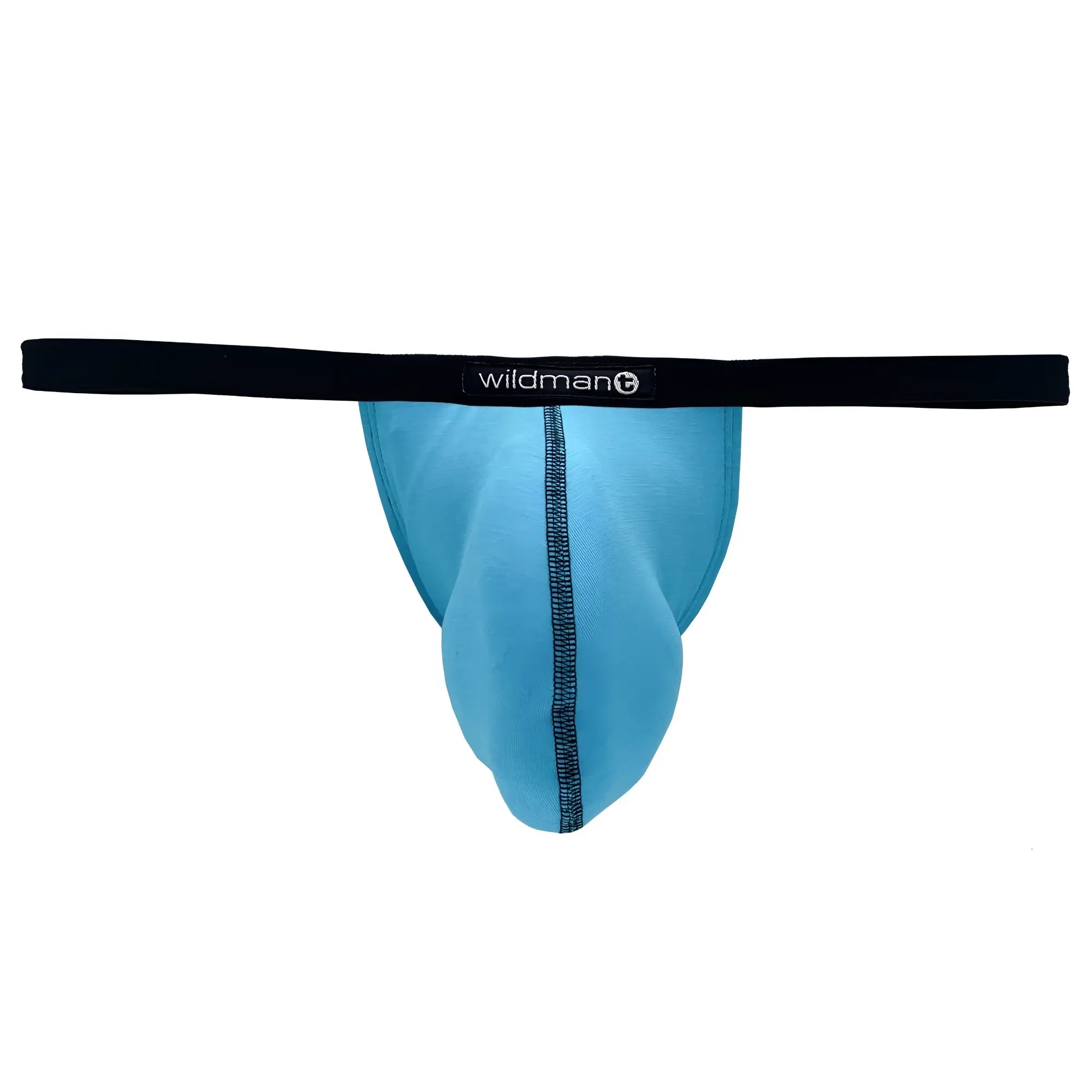 Baby blue modal micro thong with a prominent pouch, black waistband, and WildmanT logo tag, isolated on white.