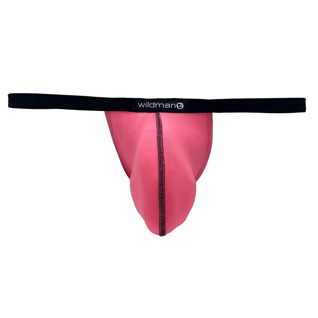 Pink WildmanT modal micro thong with a "big boy" pouch, black waistband, and contrast black stitching.