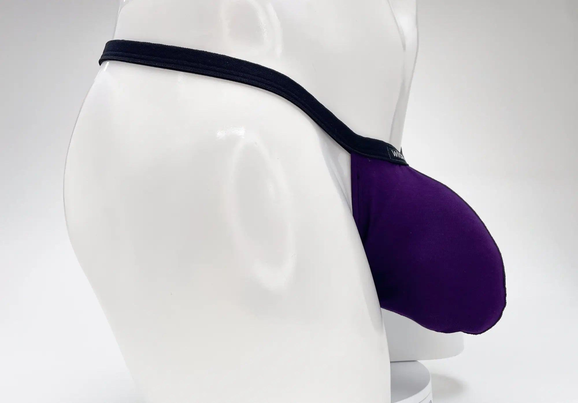 WildmanT purple modal micro thong with a large, contoured big boy pouch and slim black waistband on a mannequin.