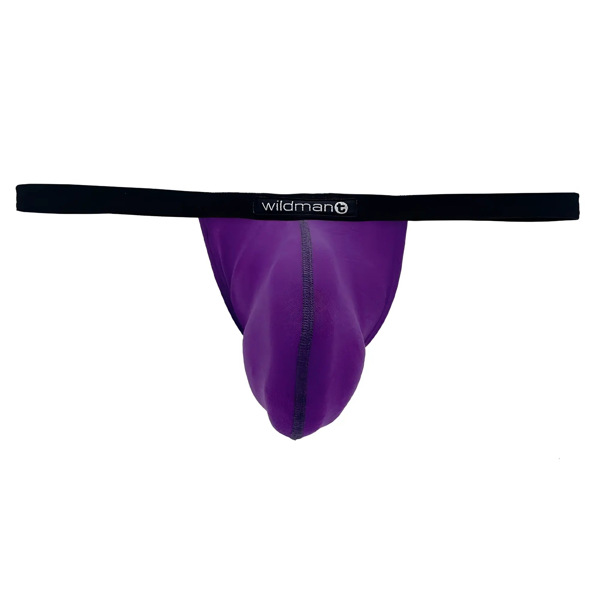 Purple modal micro thong with a prominent center-seamed pouch and a black waistband featuring the WildmanT logo.
