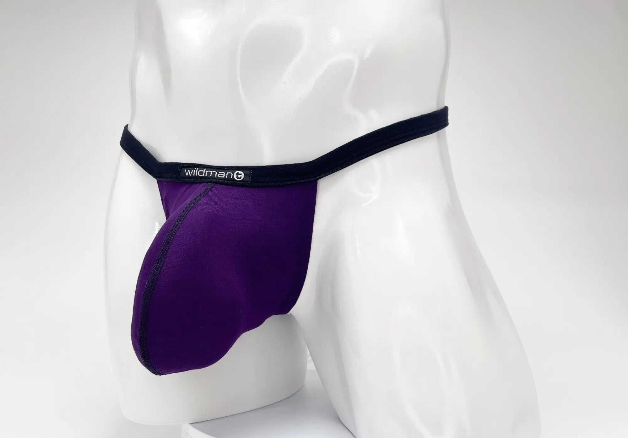 Purple modal micro thong with a large pouch and black waistband featuring the white WildmanT logo on a male mannequin.
