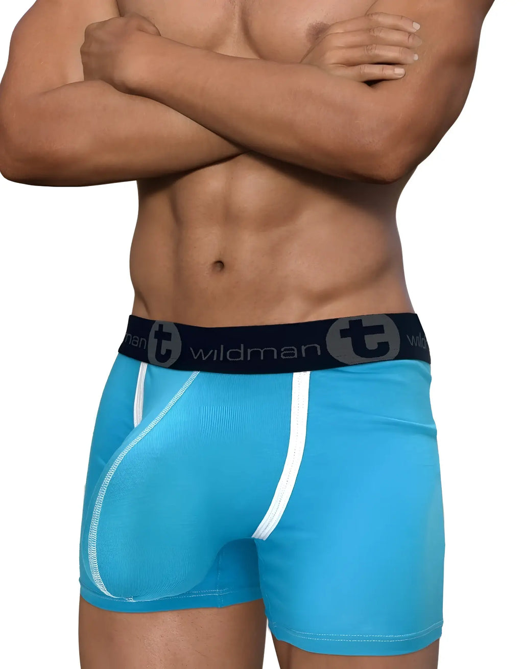 Baby blue WildmanT modal boxer briefs with white piping details and a black logo waistband worn by a muscular man.