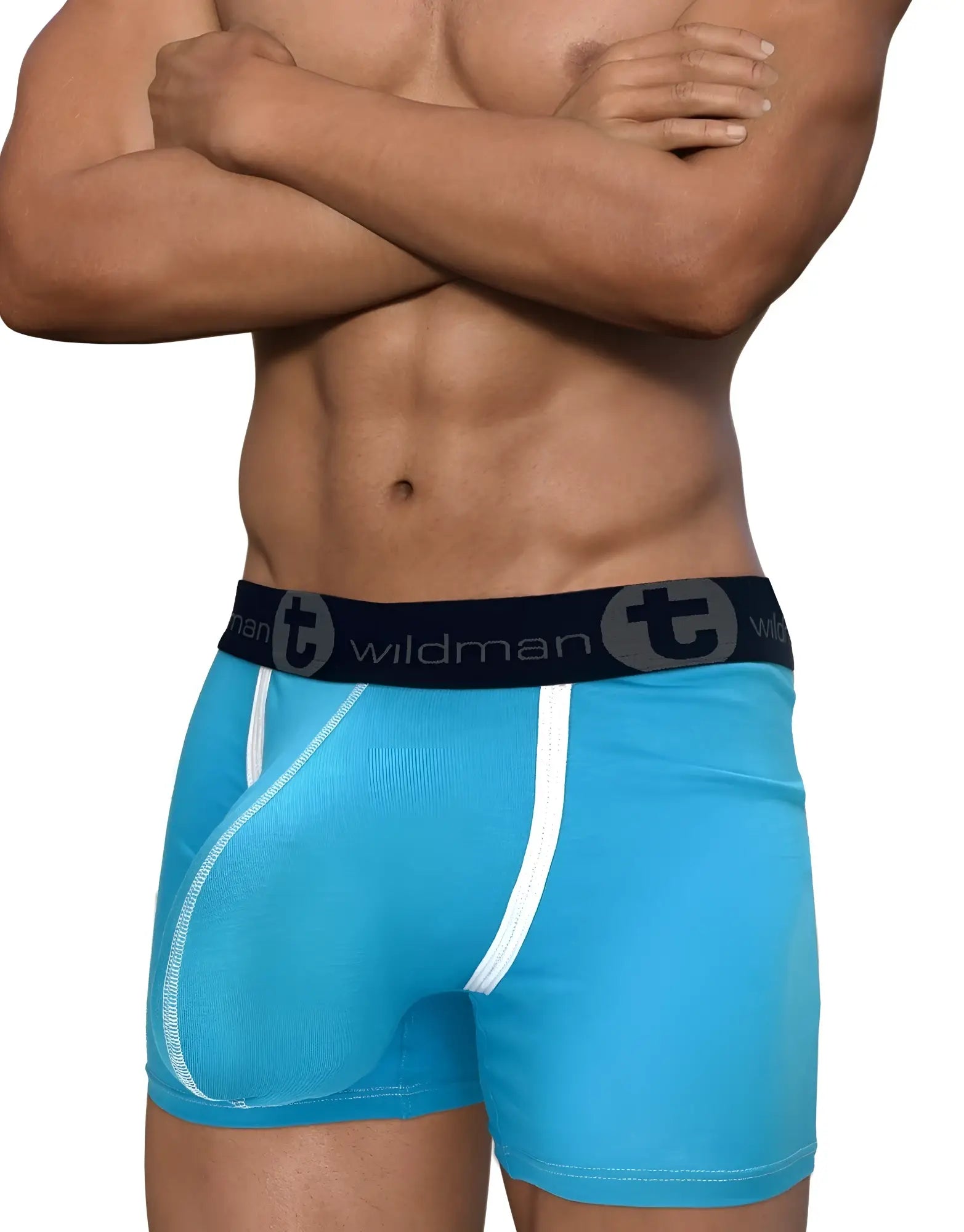 Baby blue WildmanT modal boxer briefs with white piping details and a black logo waistband worn by a muscular man.