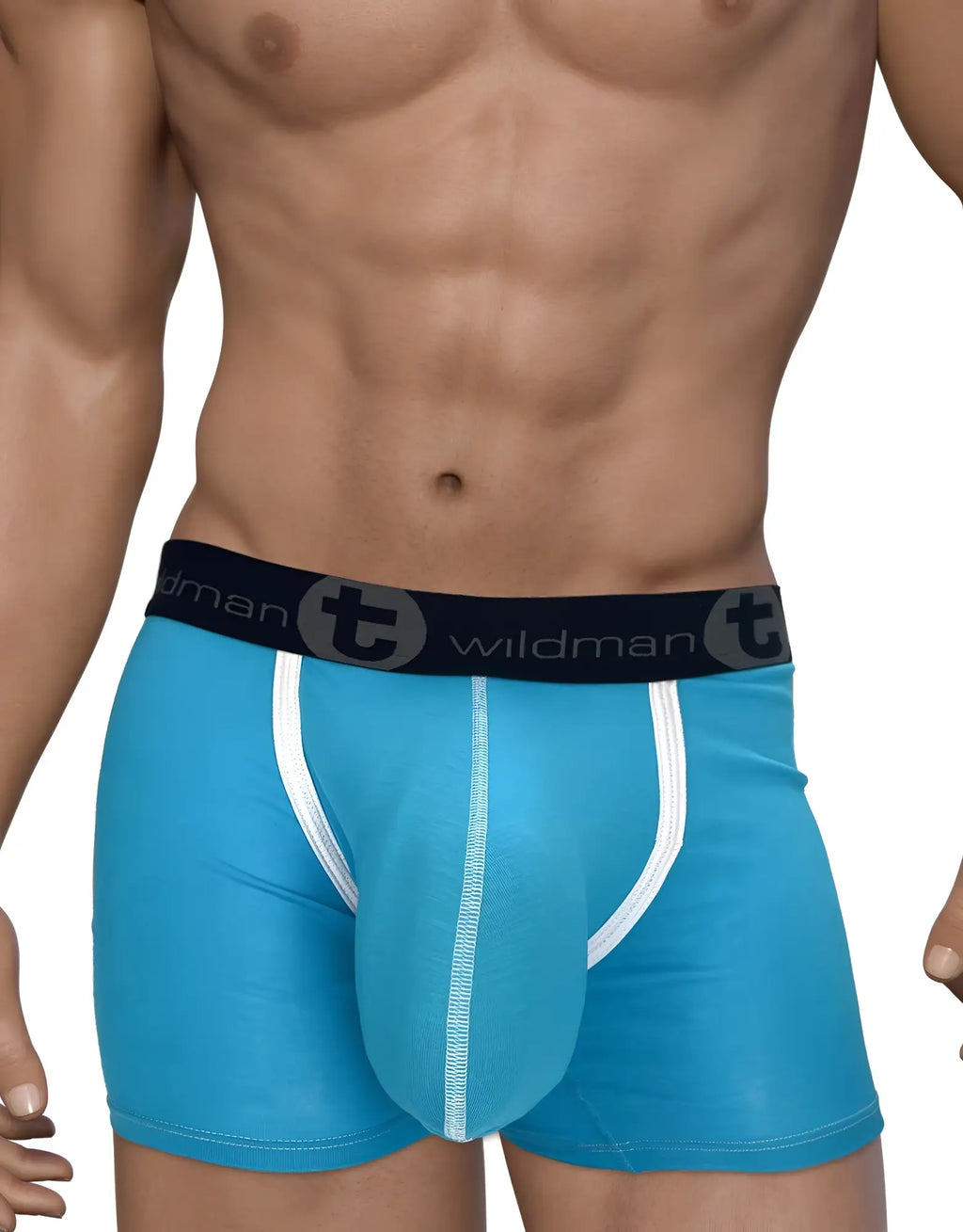 Baby blue modal boxer briefs with a black branded waistband, white trim, and a contoured front pouch.