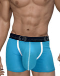 Baby blue modal boxer briefs with a black branded waistband, white trim, and a contoured front pouch.