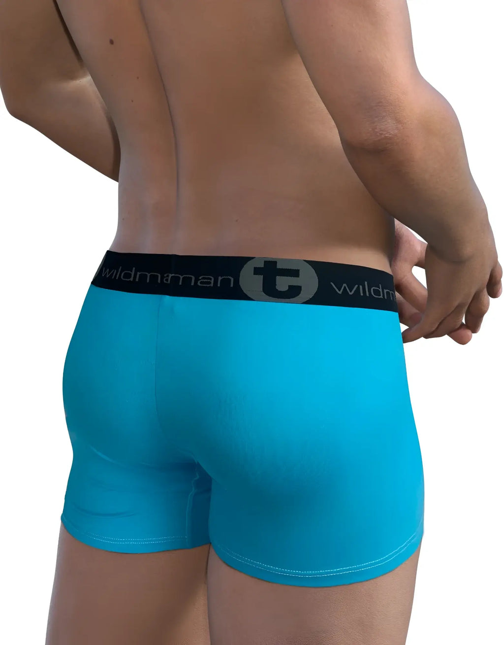 Baby blue boxer briefs with a black waistband featuring the white "WildmanT" logo and a grey "T" emblem.
