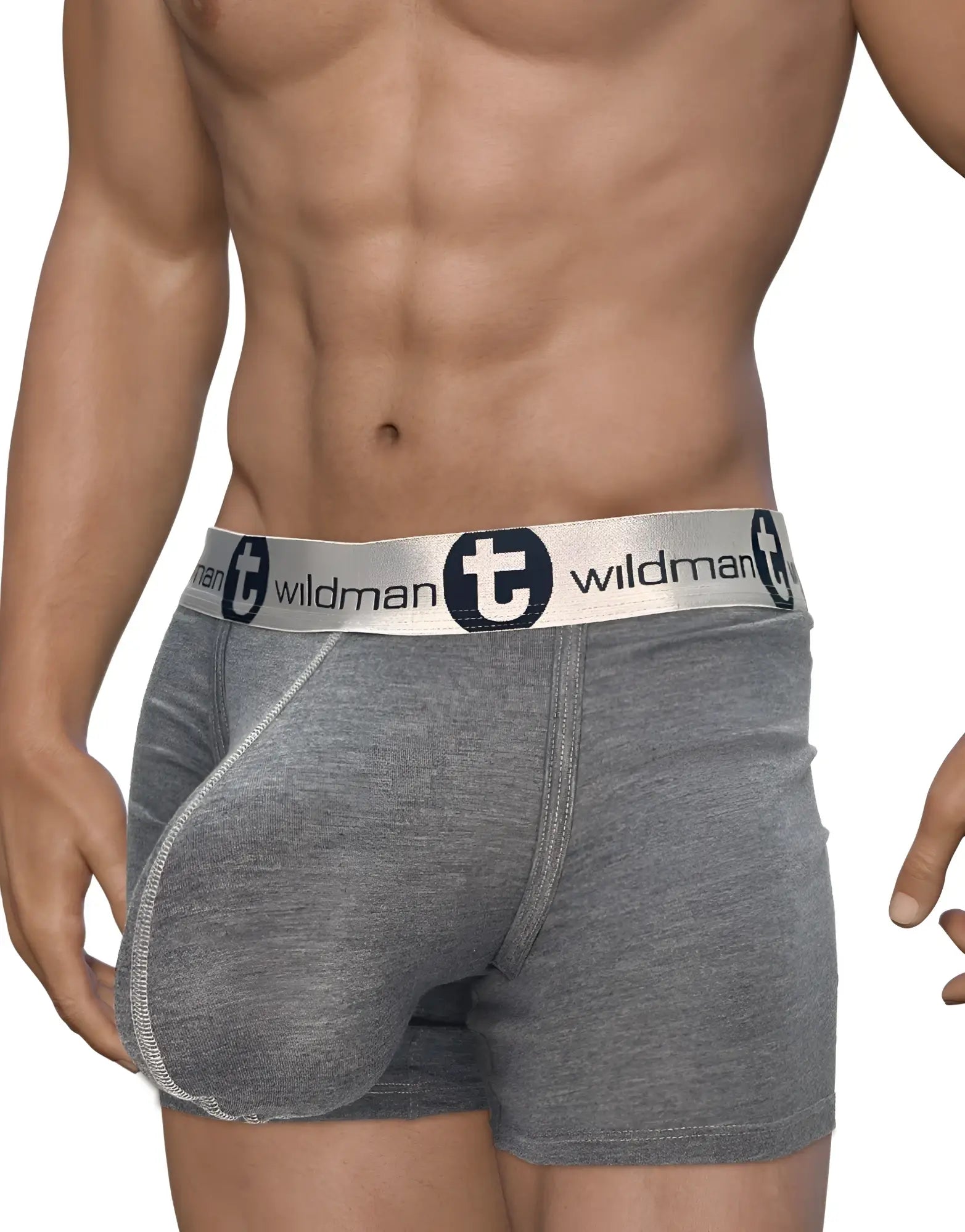 Gray 5-inch inseam modal boxer briefs featuring a WildmanT branded silver waistband and contoured pouch.