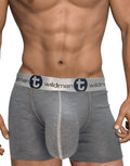 Gray 5-inch inseam modal boxer briefs with a branded "WildmanT" elastic waistband on a muscular male torso.