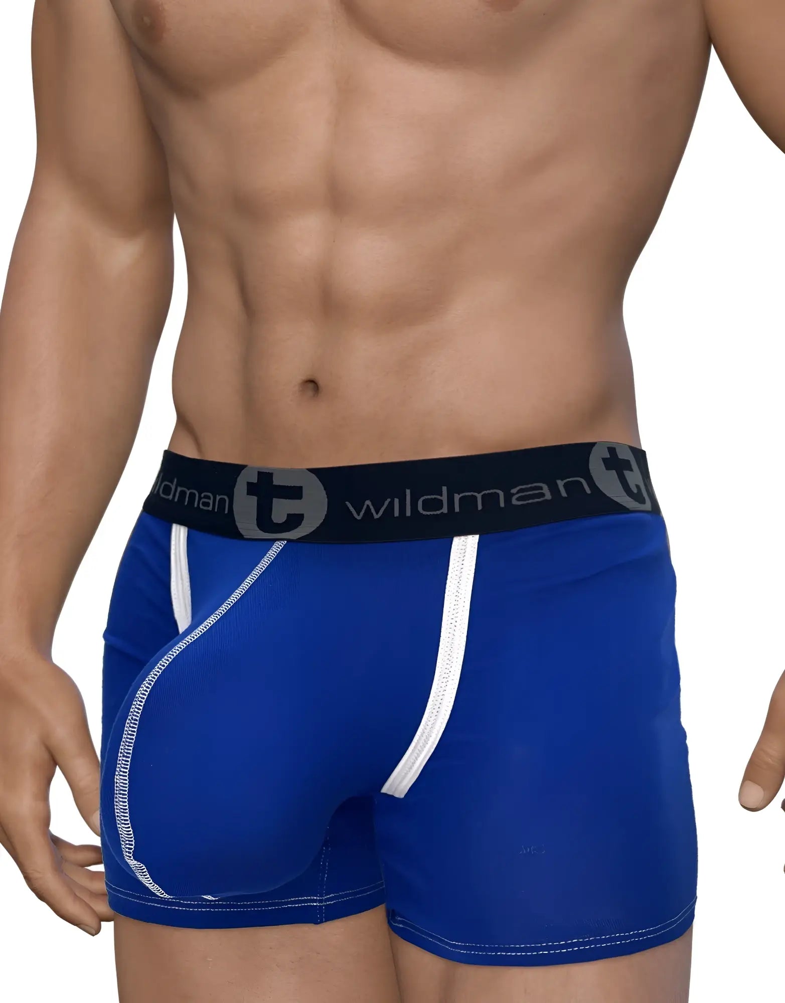 Royal blue modal boxer briefs with white contrast piping, a contour pouch, and a black elastic logo waistband.