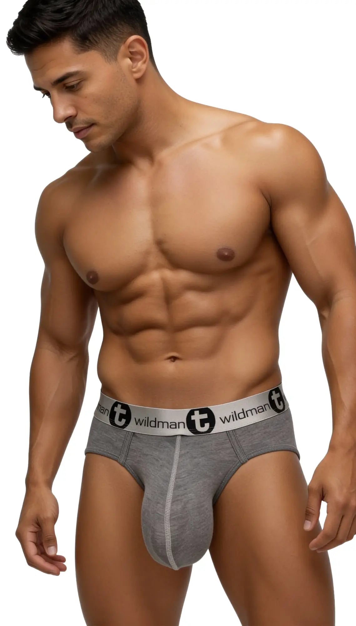 Man wearing gray modal briefs with a supportive contour pouch and branded waistband against a white background.