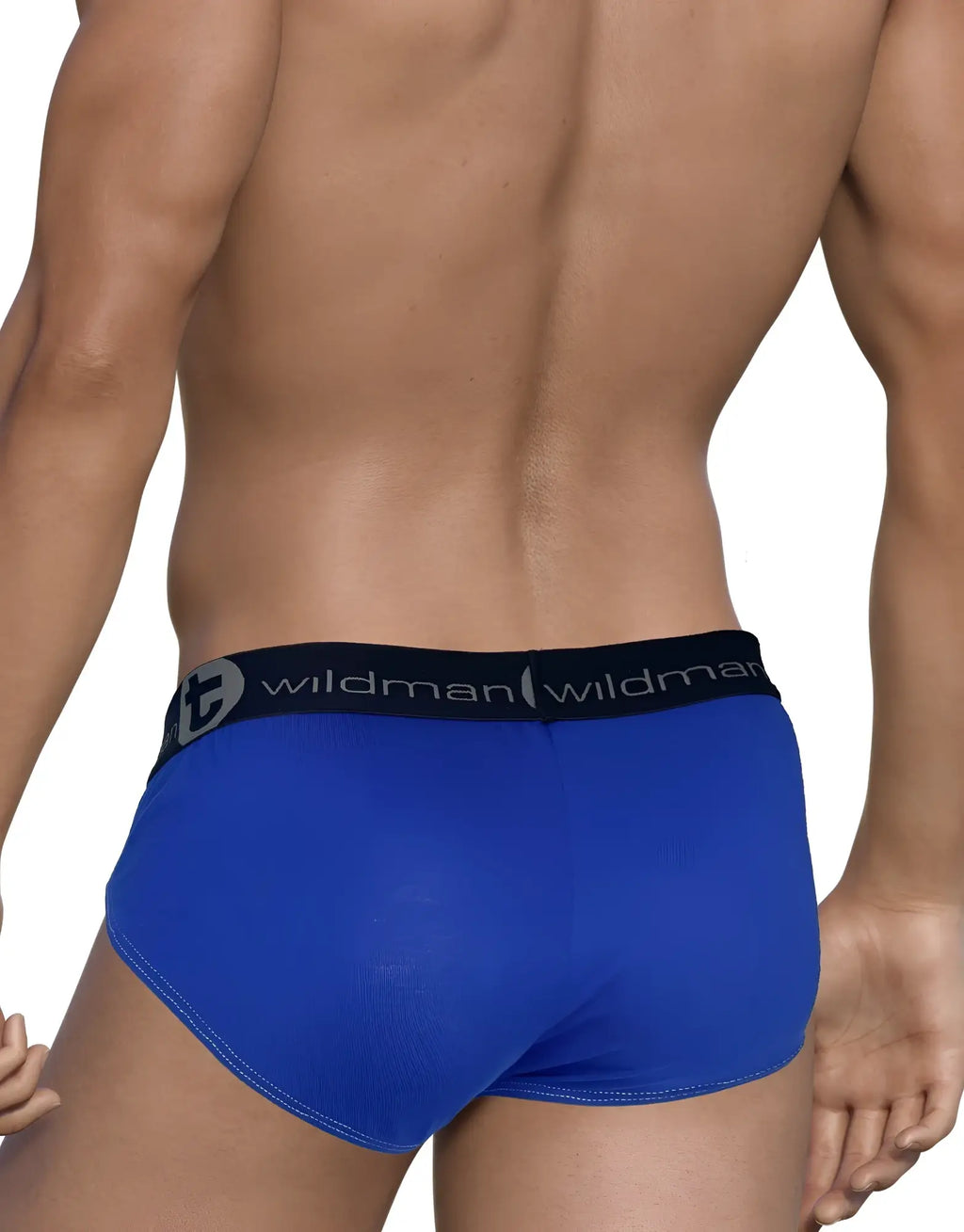 Royal blue WildmanT modal briefs with a black waistband featuring the brand logo, shown from a rear perspective.