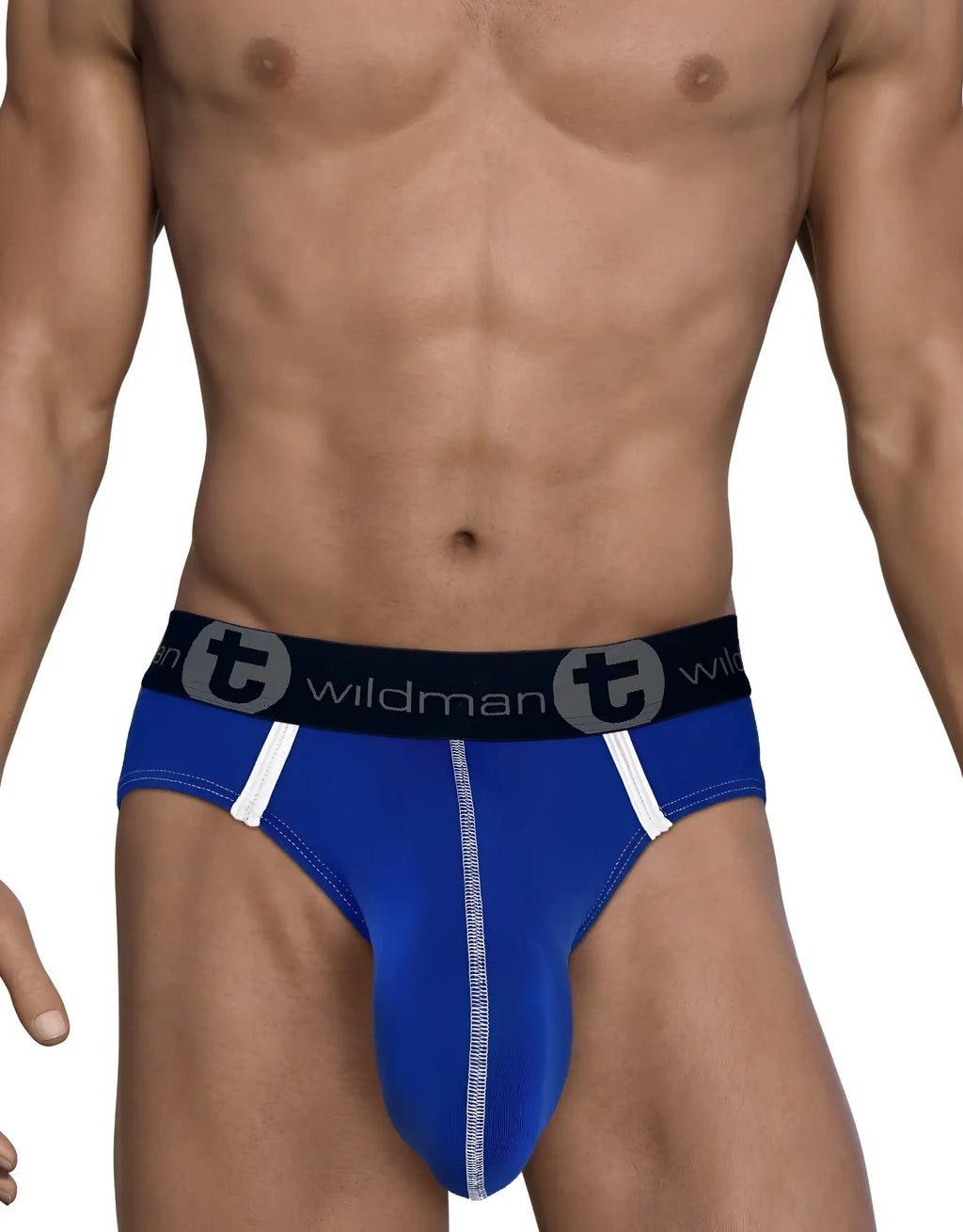 Royal blue Modal brief with white contrast stitching, side accents, and a black WildmanT branded elastic waistband.