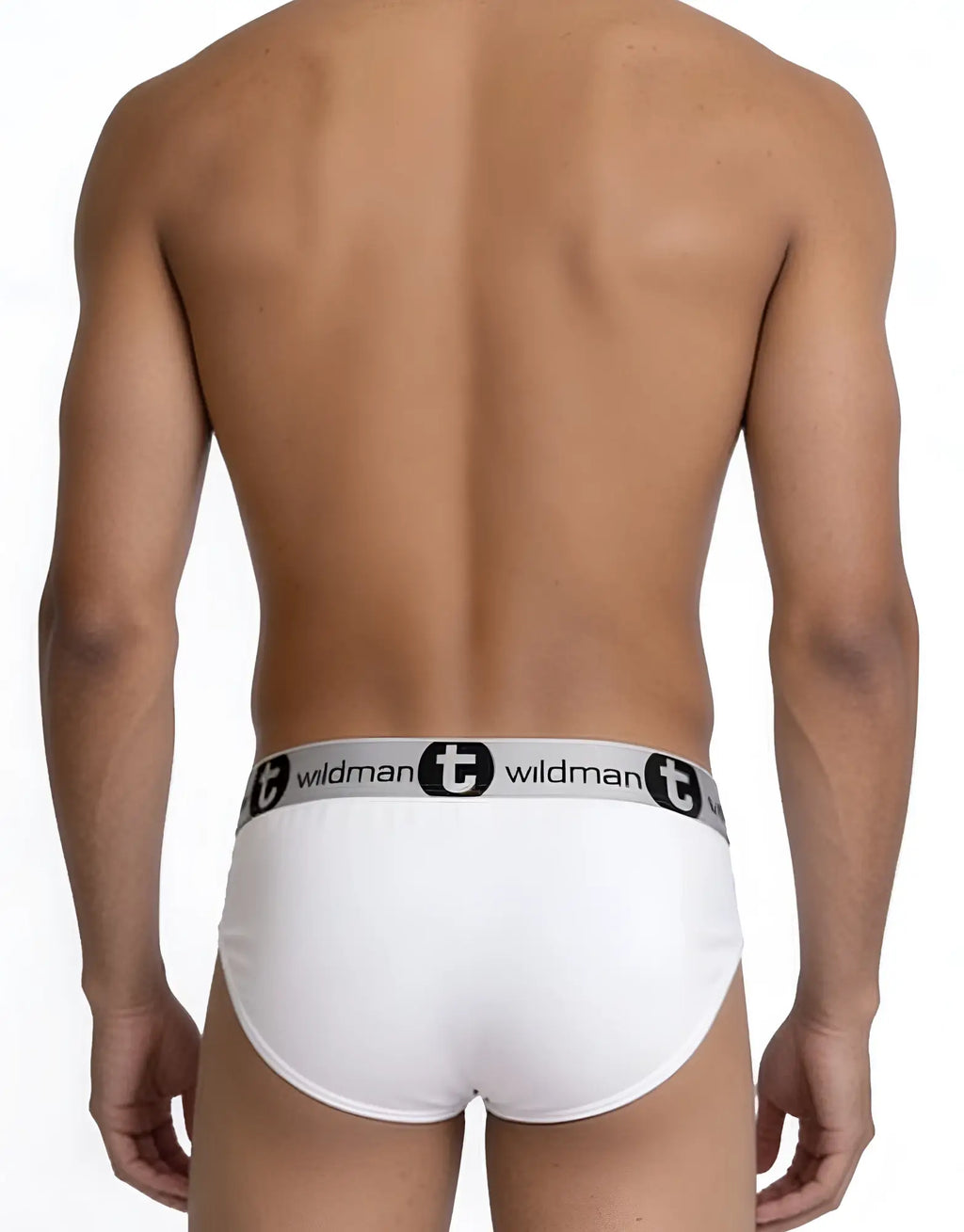Back view of a man wearing white WildmanT modal briefs with a branded grey elastic waistband.