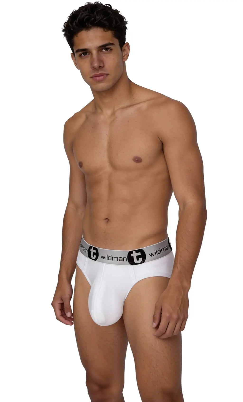 A man wearing white WildmanT Modal Monster Cock briefs featuring a grey branded elastic waistband.