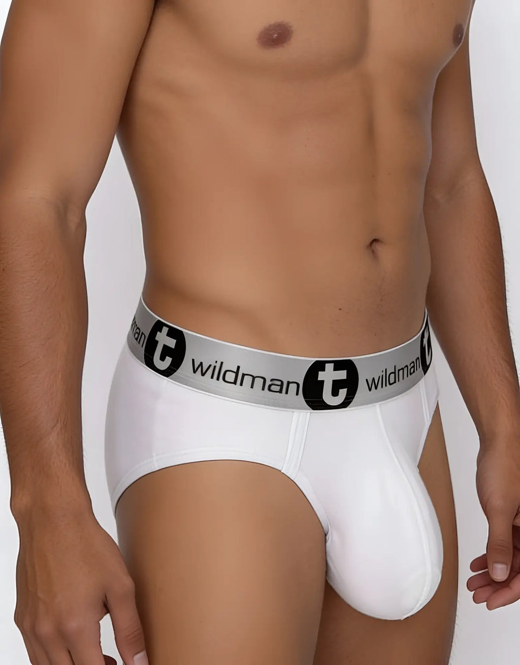 White WildmanT modal brief with a grey branded elastic waistband featuring a "t" logo.