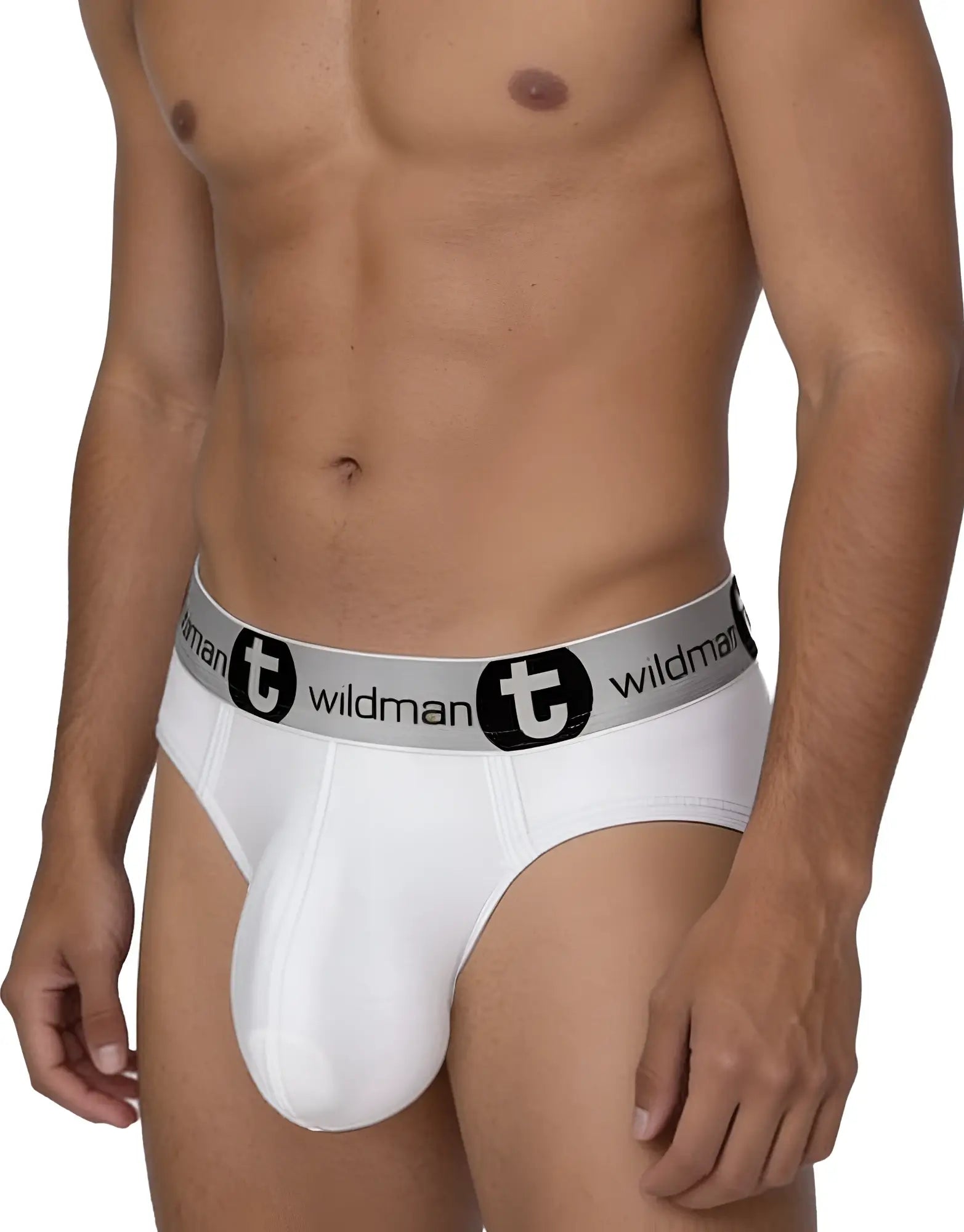 White WildmanT modal brief with a contoured pouch and a branded gray elastic waistband.