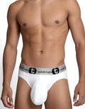 A model wearing white WildmanT modal briefs with a grey waistband featuring the brand logo and "t" emblem.