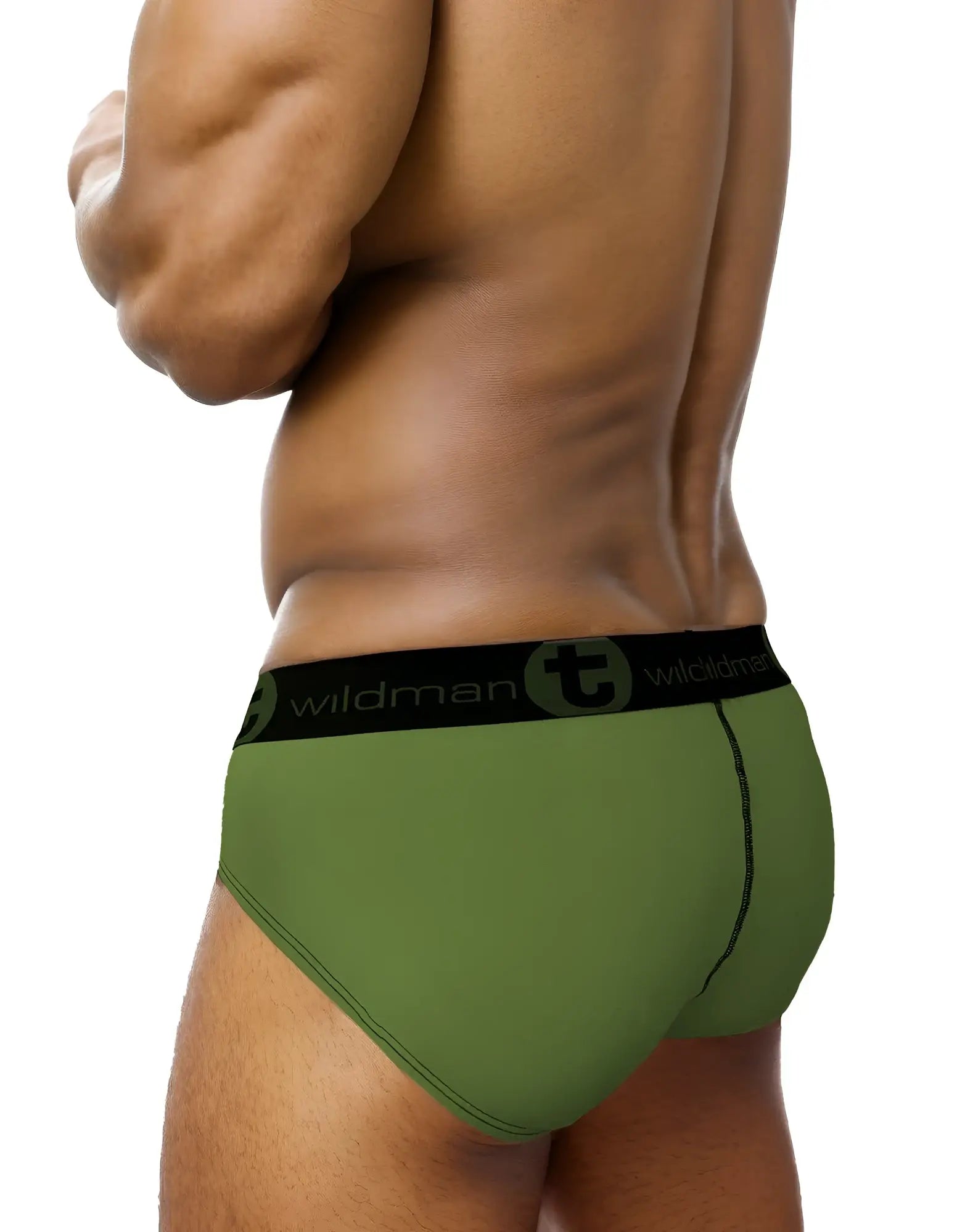 Army green cotton briefs with a black waistband featuring "wildman T" branding, shown from a side profile.