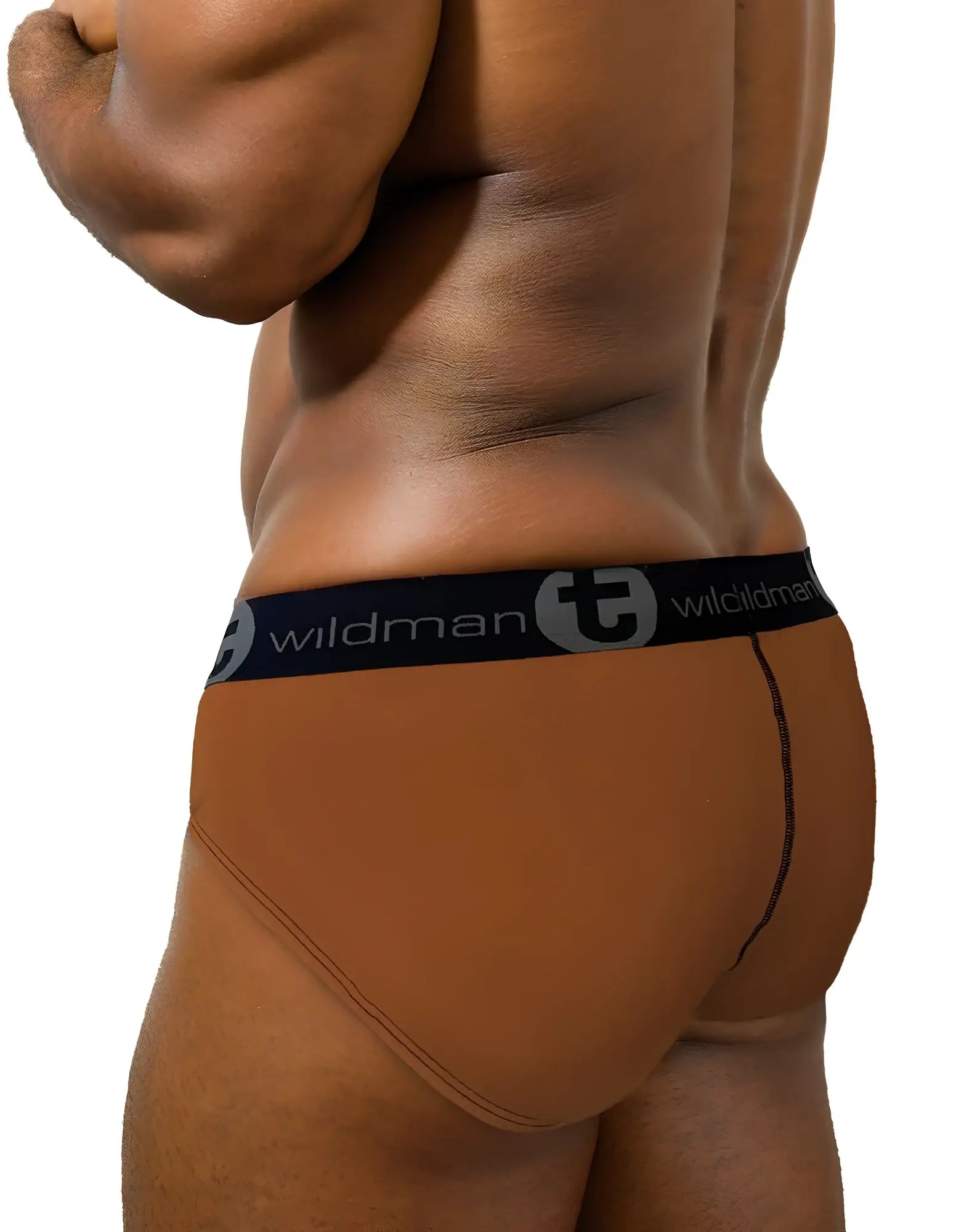Brown WildmanT cotton brief with black trim and a branded waistband, viewed from the side and back on a male torso.