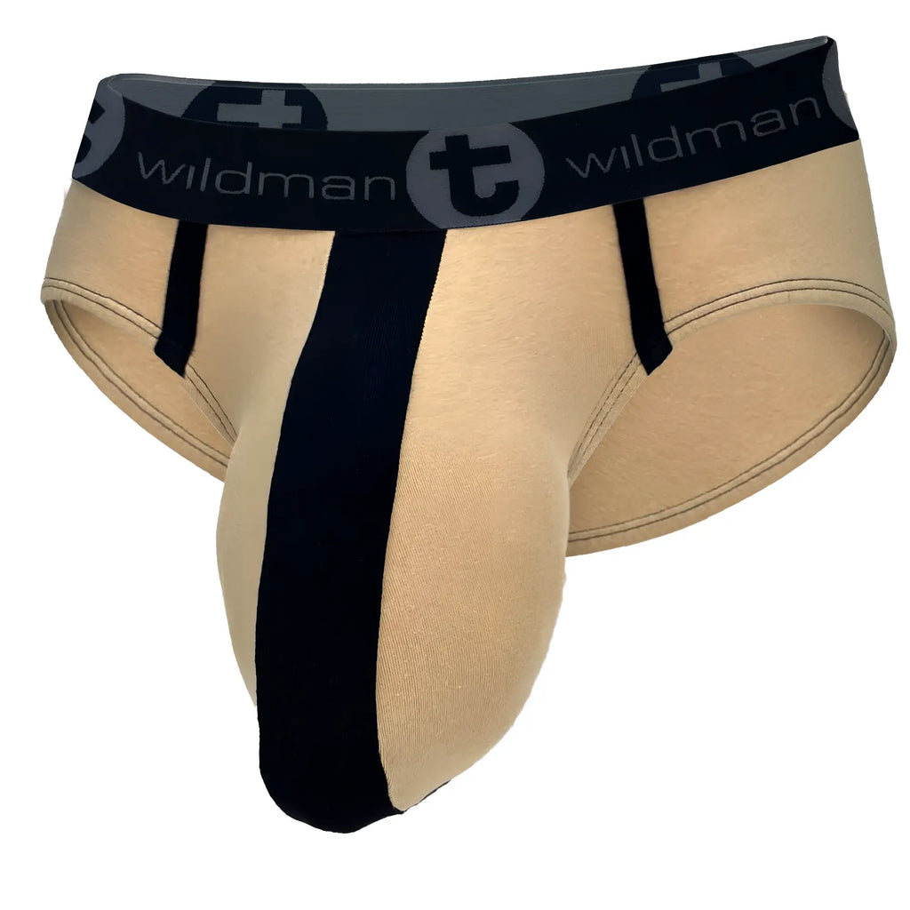 Tan cotton brief with a vertical black stripe, contoured pouch, and black waistband featuring the WildmanT logo.