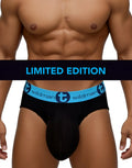 Black cotton briefs with a bright blue WildmanT logo waistband and a contoured pouch, worn by a muscular male.