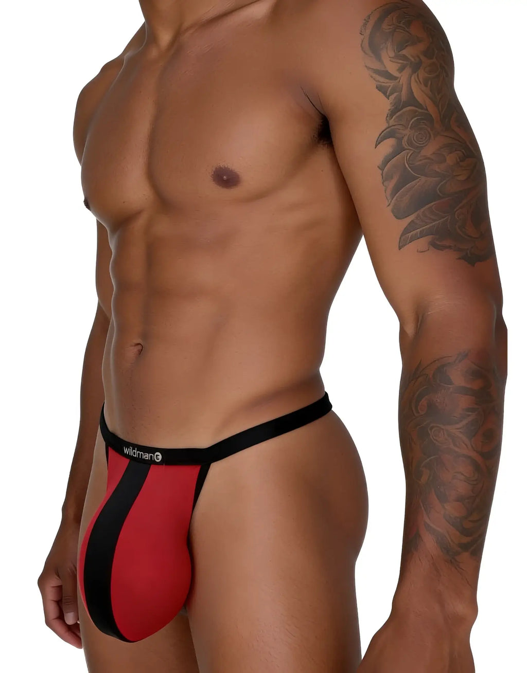 Black and red mesh thong with a vertical stripe design and WildmanT branded waistband worn by a muscular model.