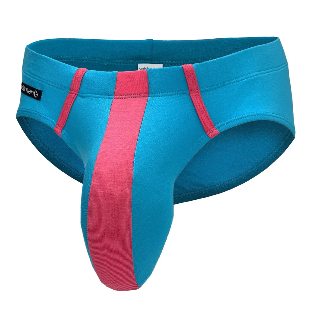 Baby blue modal brief with prominent pink center pouch panel, pink trim, and WildmanT label on the left hip.