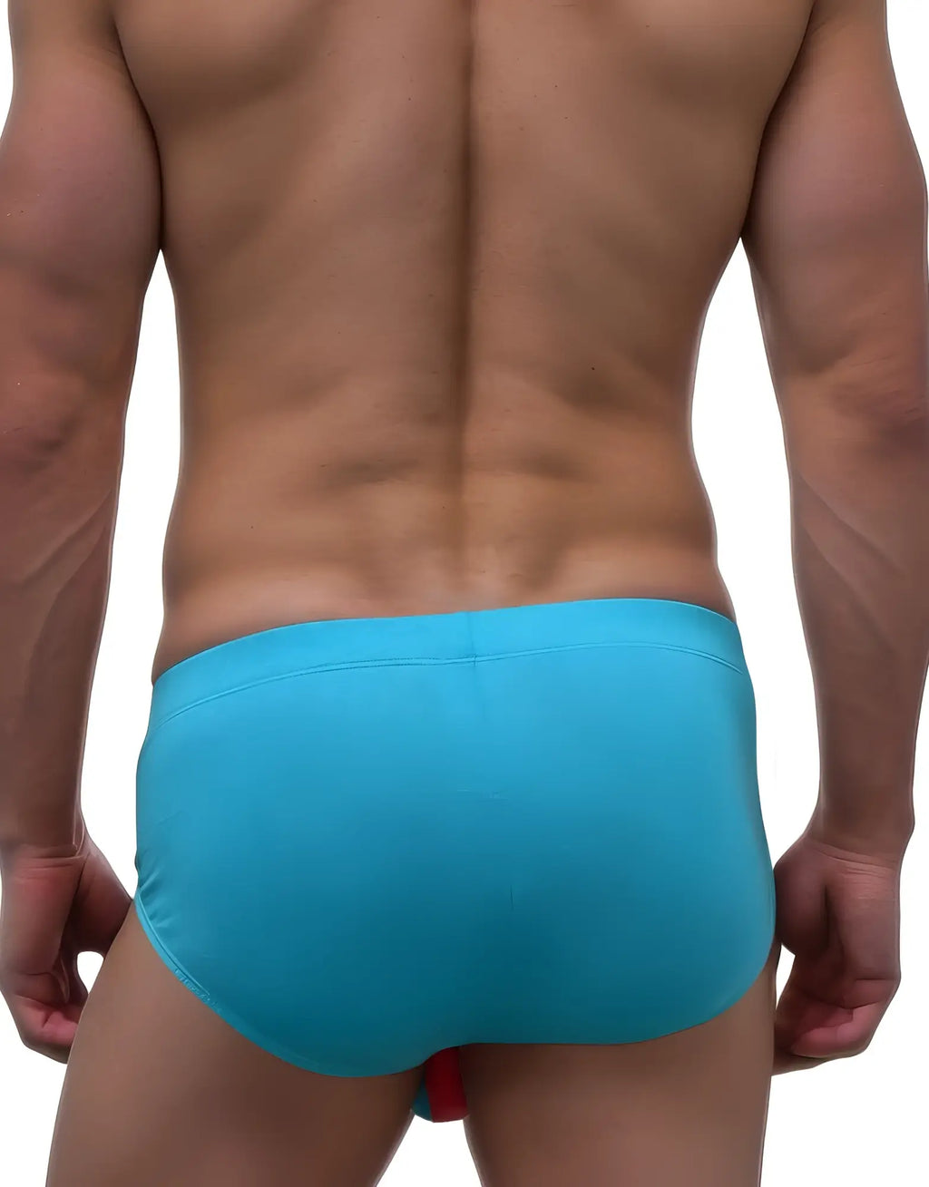 Back view of a muscular man wearing baby blue WildmanT modal briefs with subtle pink trim detail at the bottom.