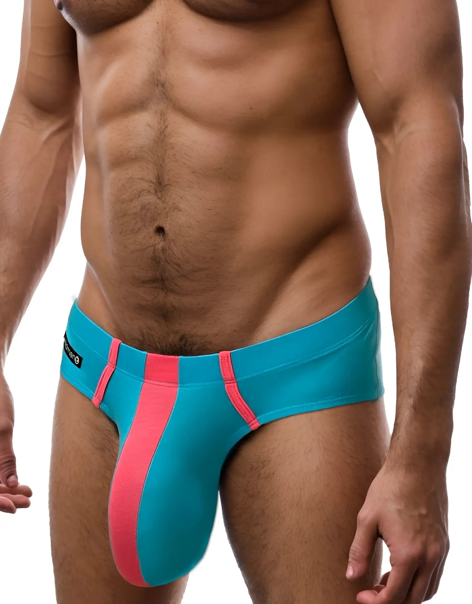 Baby blue modal brief with a vibrant pink front vertical stripe and accent trim, featuring a snug, low-rise fit.