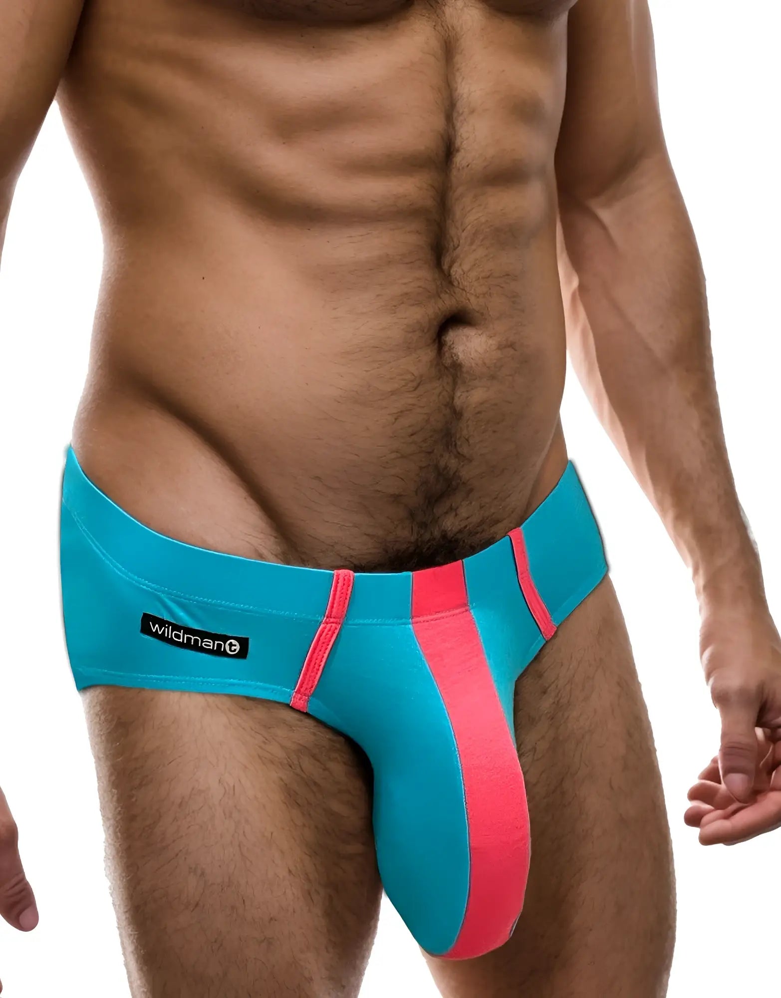 Baby blue modal brief with neon pink vertical center stripe and trim, featuring a WildmanT logo tag on the hip.