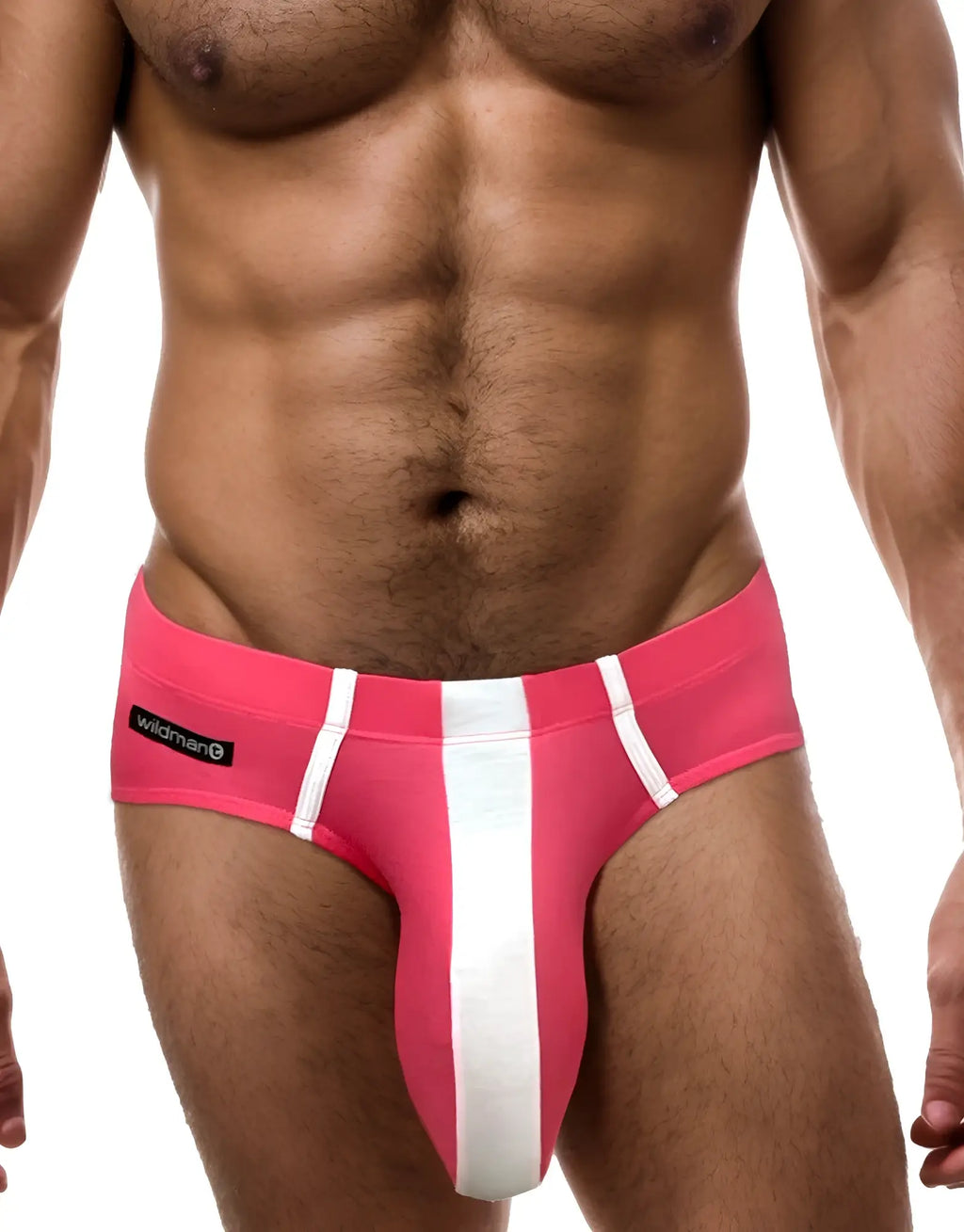 WildmanT modal brief in pink with a prominent white vertical stripe and a branded logo tag on the side.