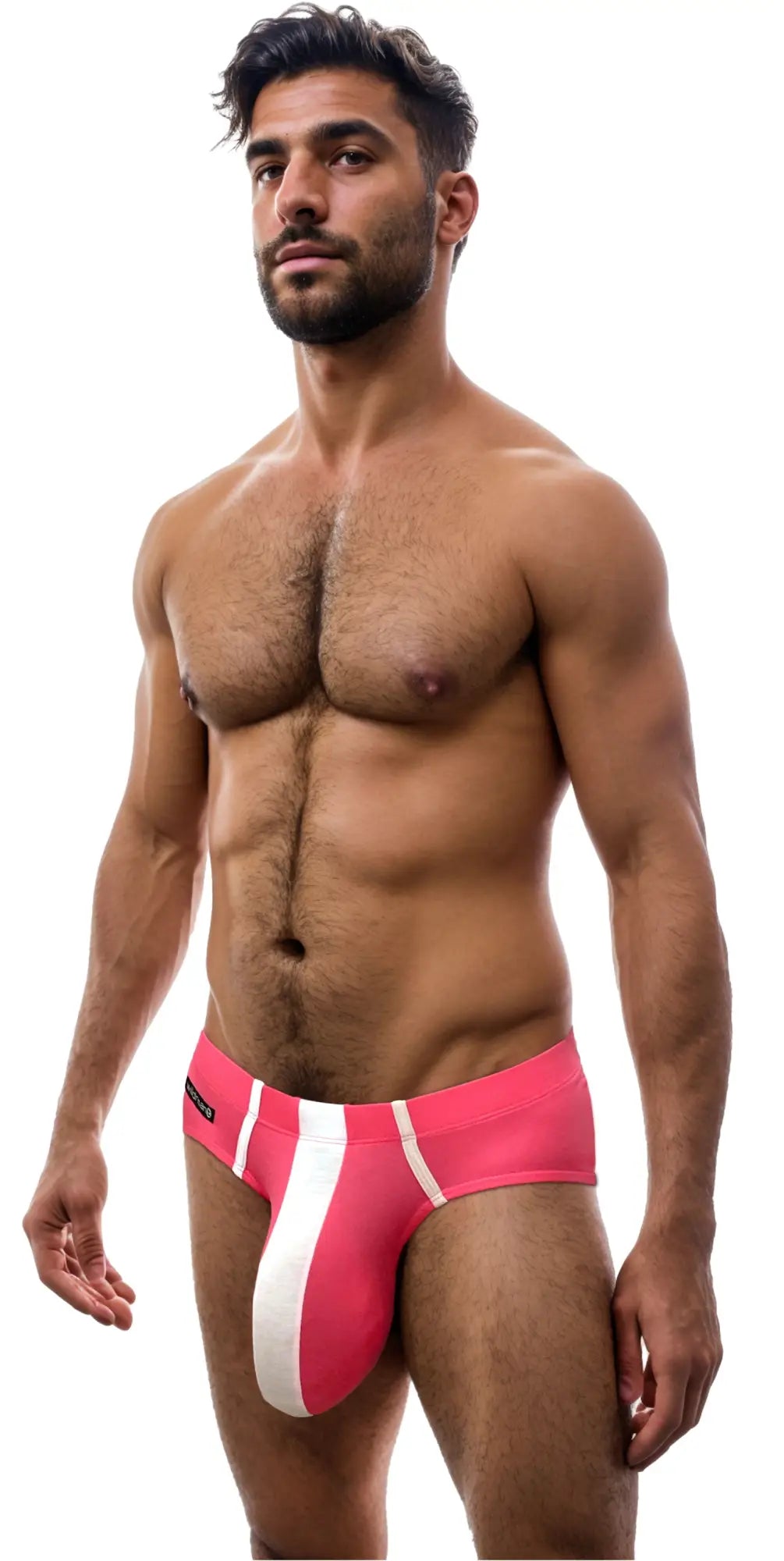 WildmanT pink modal briefs with a prominent white vertical center stripe worn by a muscular man.
