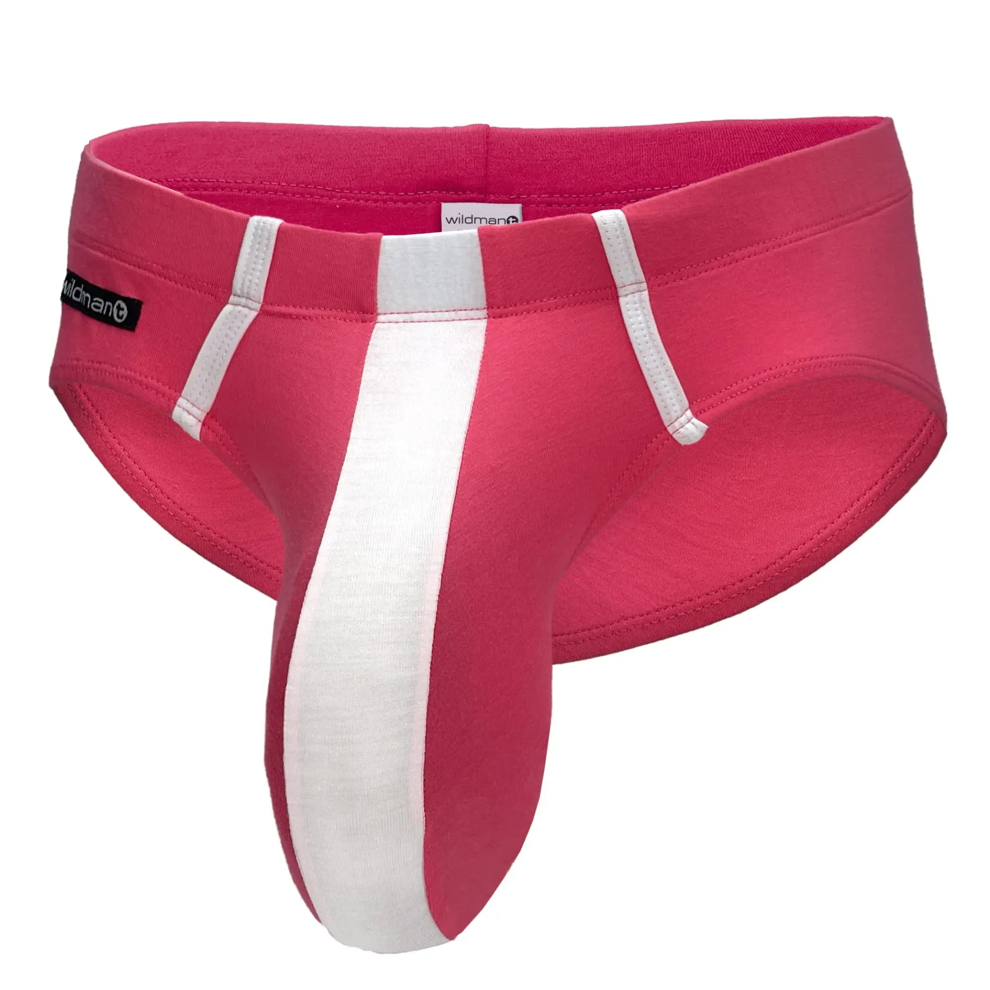 Pink and white modal brief with a prominent contoured front pouch, white vertical stripe, and WildmanT branding.