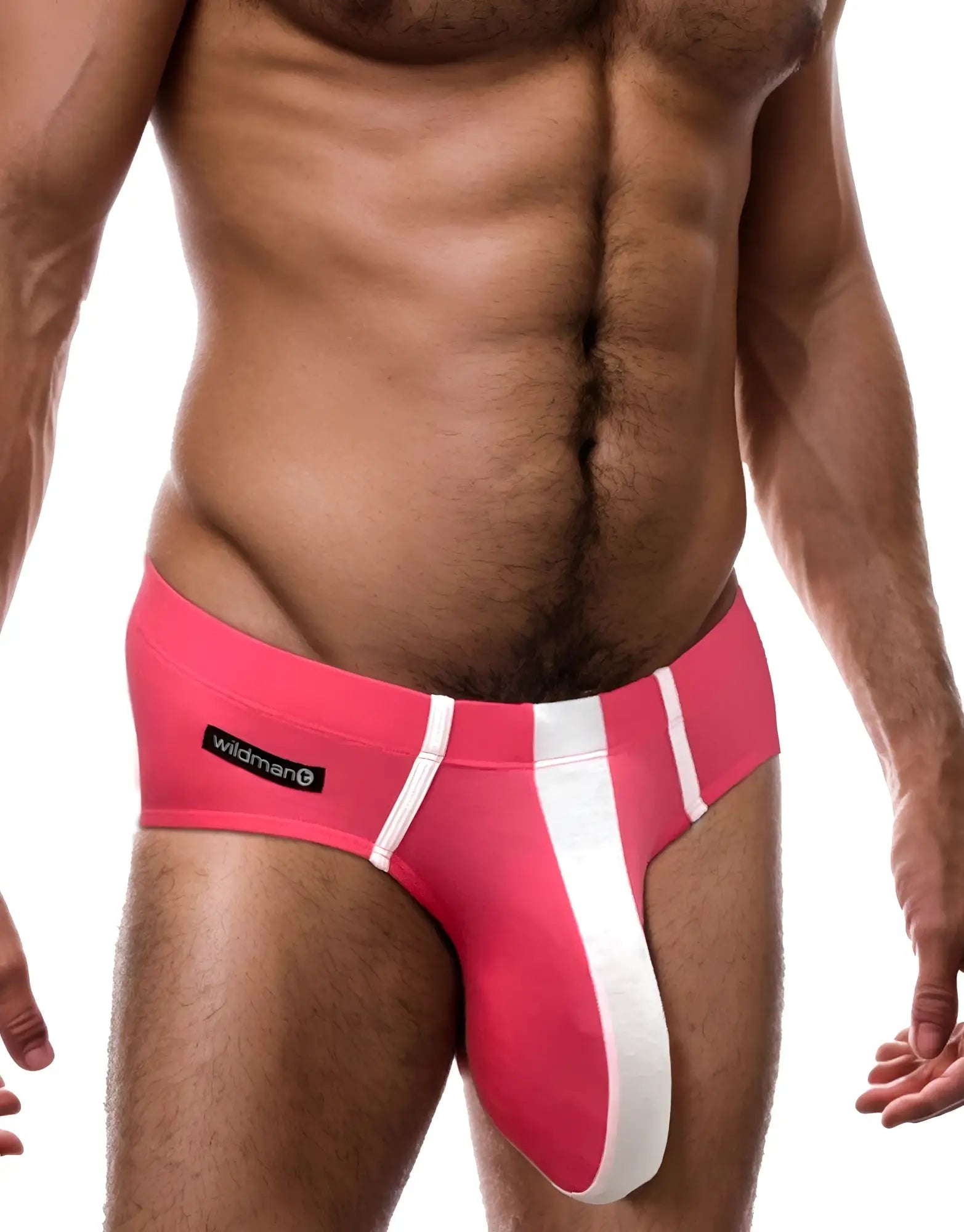 Pink and white modal brief with a central white stripe, contrast piping, and a WildmanT logo tag on the hip.