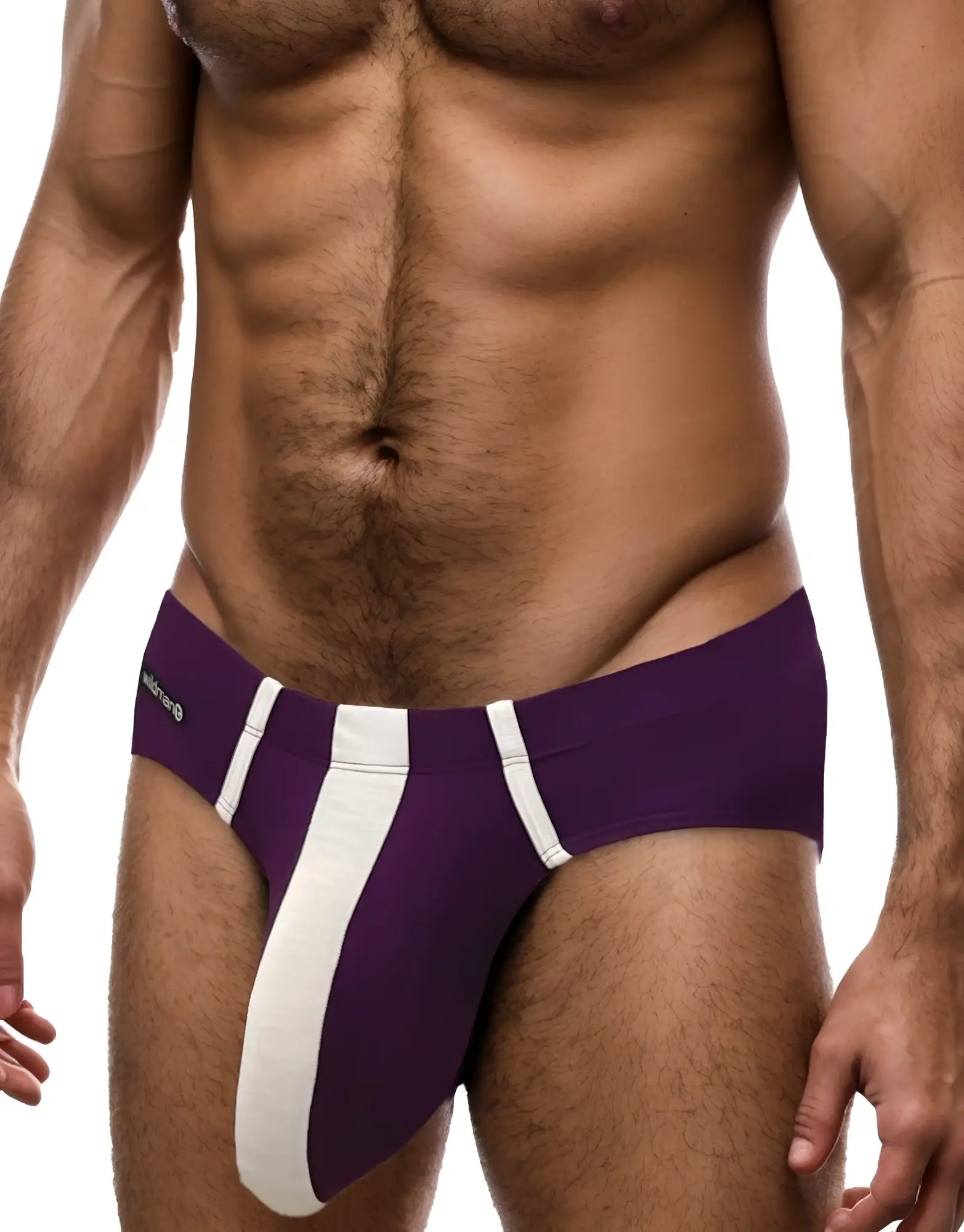 Purple modal brief with white vertical accent strip and WildmanT logo tag on the side, worn on a fit male torso.