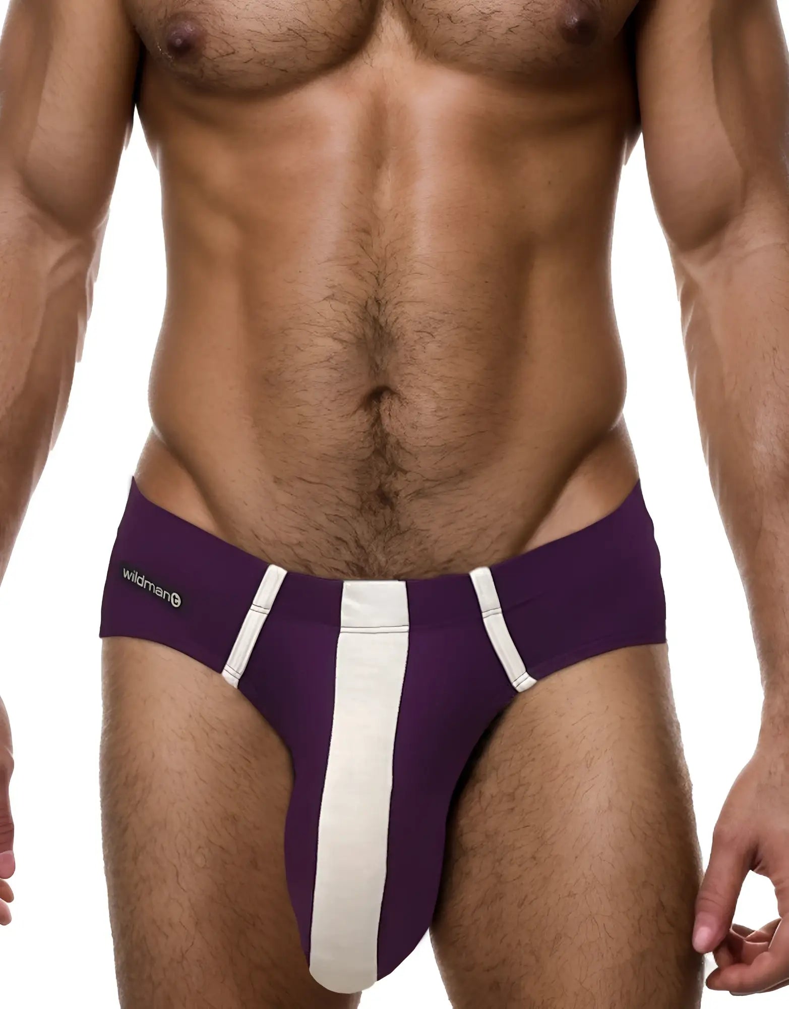 Purple modal brief with a thick white center stripe, accent side panels, and a WildmanT logo tag on the hip.