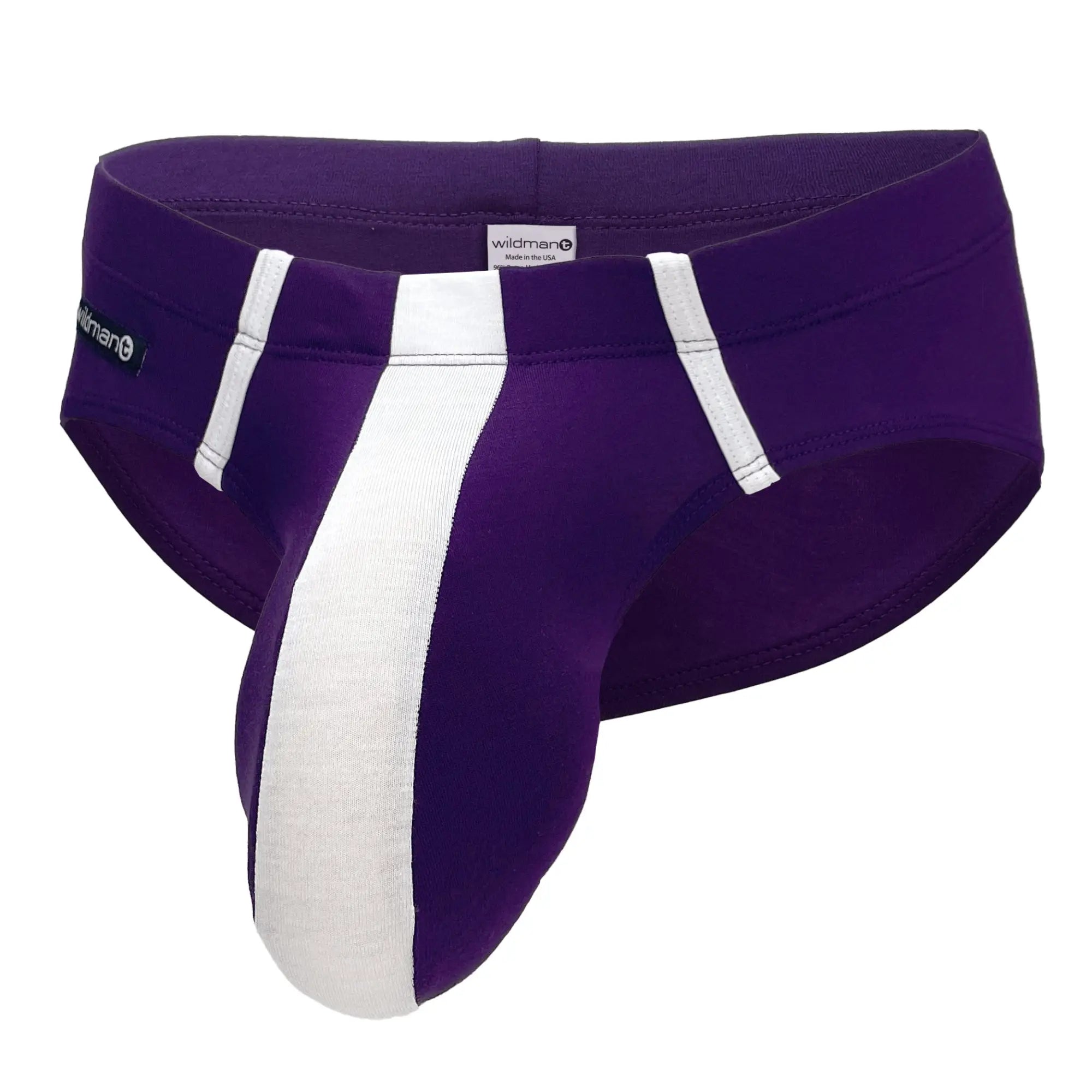 WildmanT modal brief in purple with a white center pouch stripe and side trim, featuring a brand label on the hip.