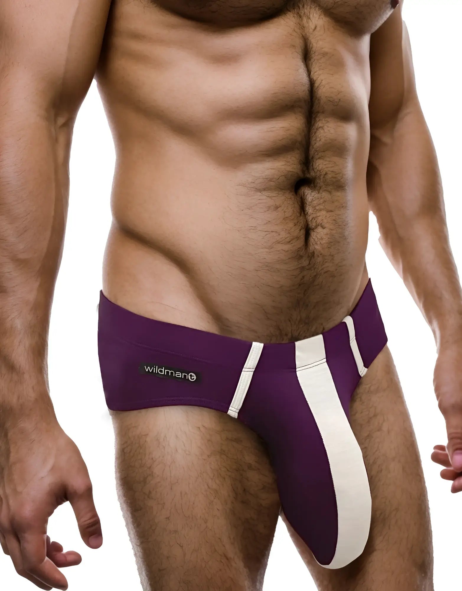 Purple and white WildmanT modal brief with a prominent contoured pouch and a logo tag on the side.