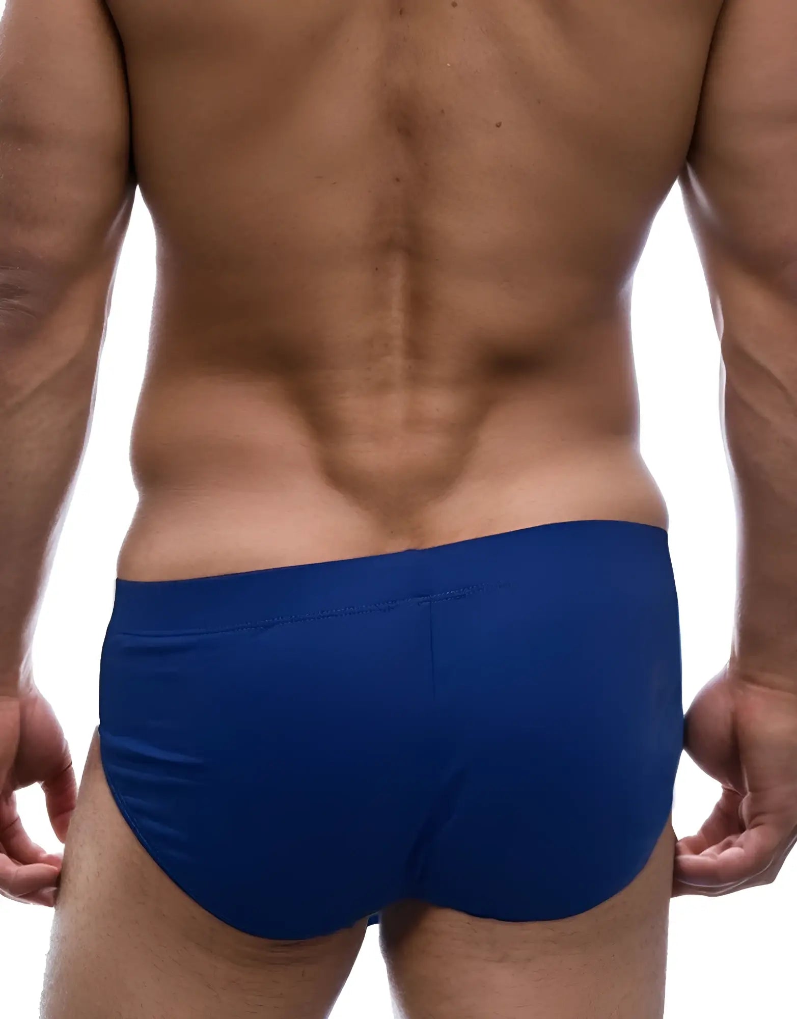 Back view of a muscular man wearing solid royal blue modal briefs with a clean, form-fitting cut against a white background.