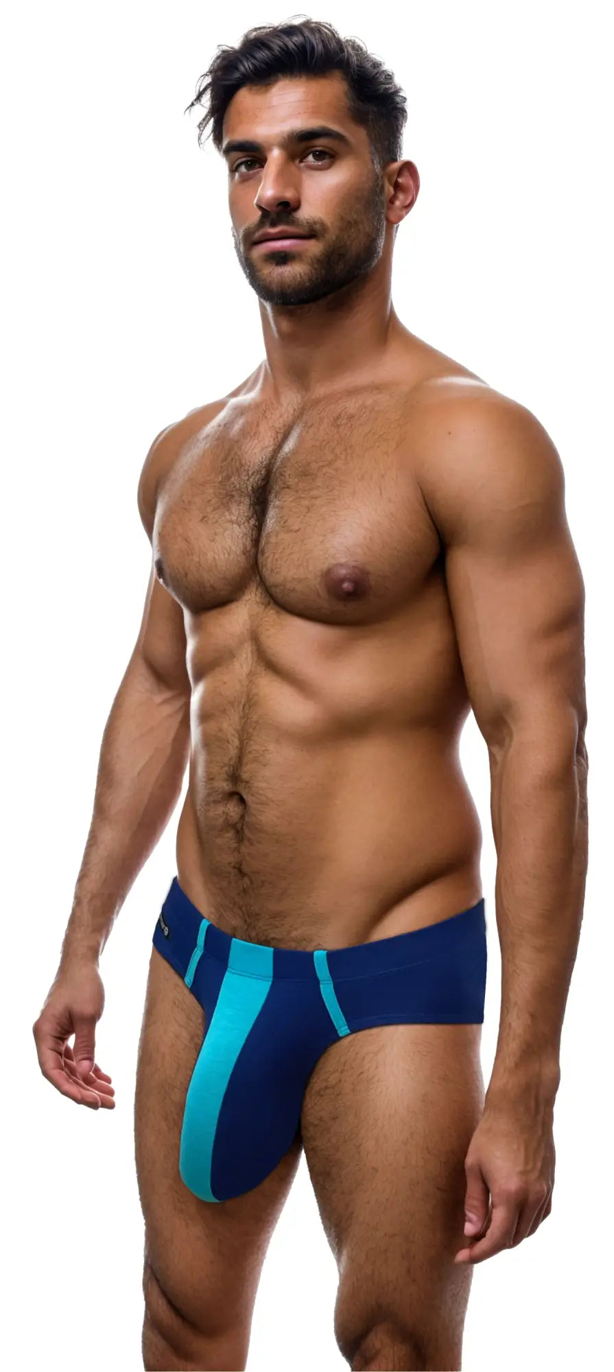Royal blue and baby blue modal brief with a contoured pouch on a shirtless, athletic male model against white.