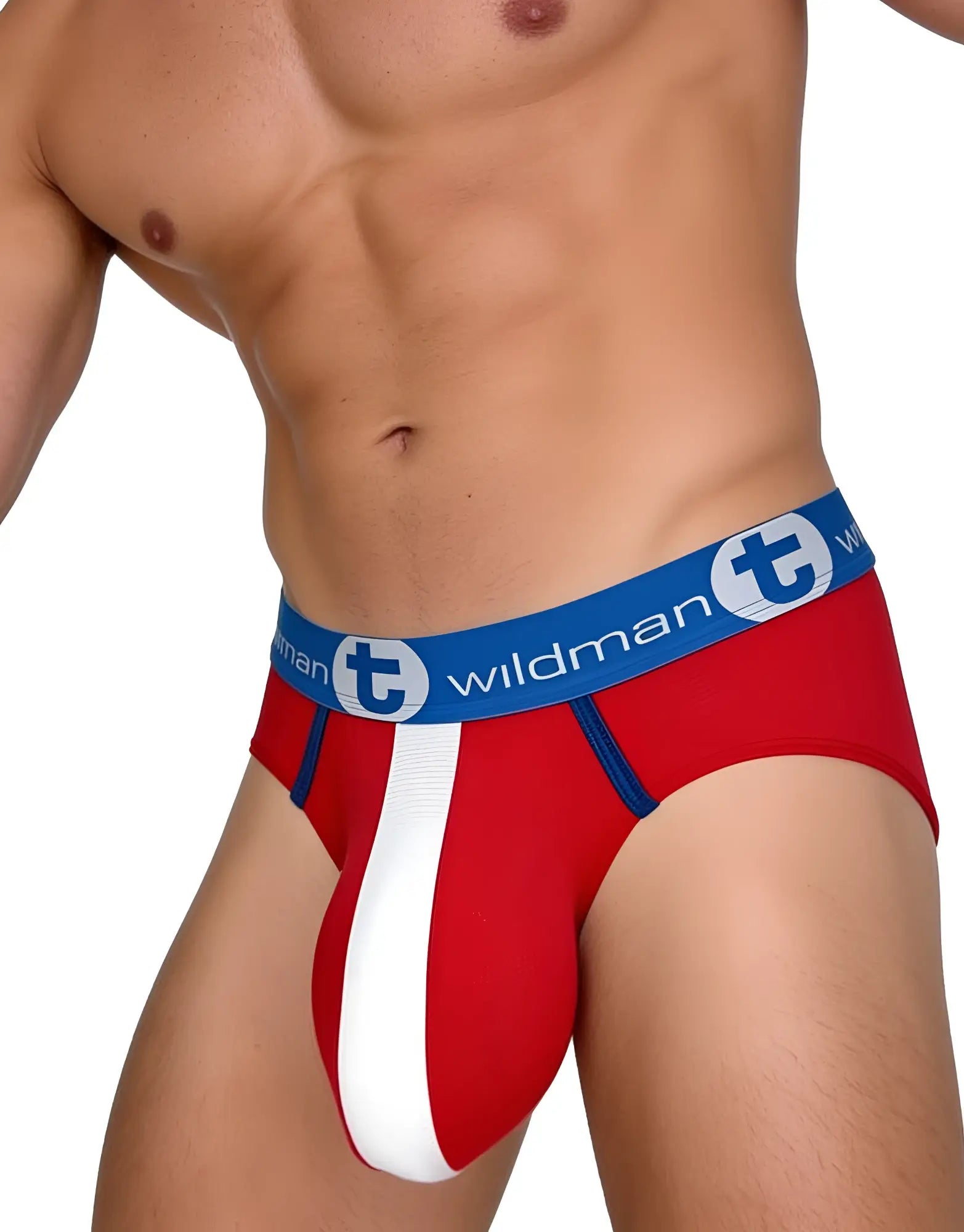 Red and white micro-mesh pouch briefs with a blue Wildman-branded waistband.