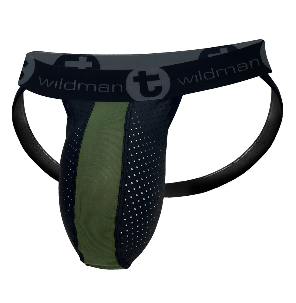 WildmanT jockstrap with olive green cotton center, navy mesh sides, and branded black elastic waistband.
