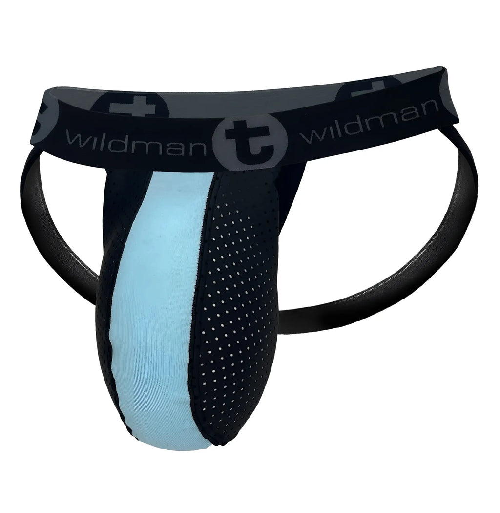 WildmanT baby blue and black perforated jockstrap with a branded elastic waistband on a white background.