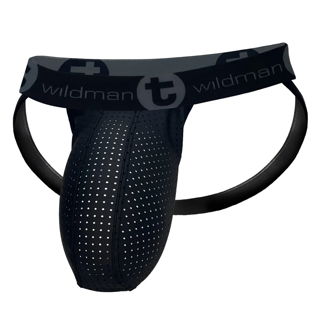Black perforated rubber and cotton jockstrap with a branded grey elastic waistband.