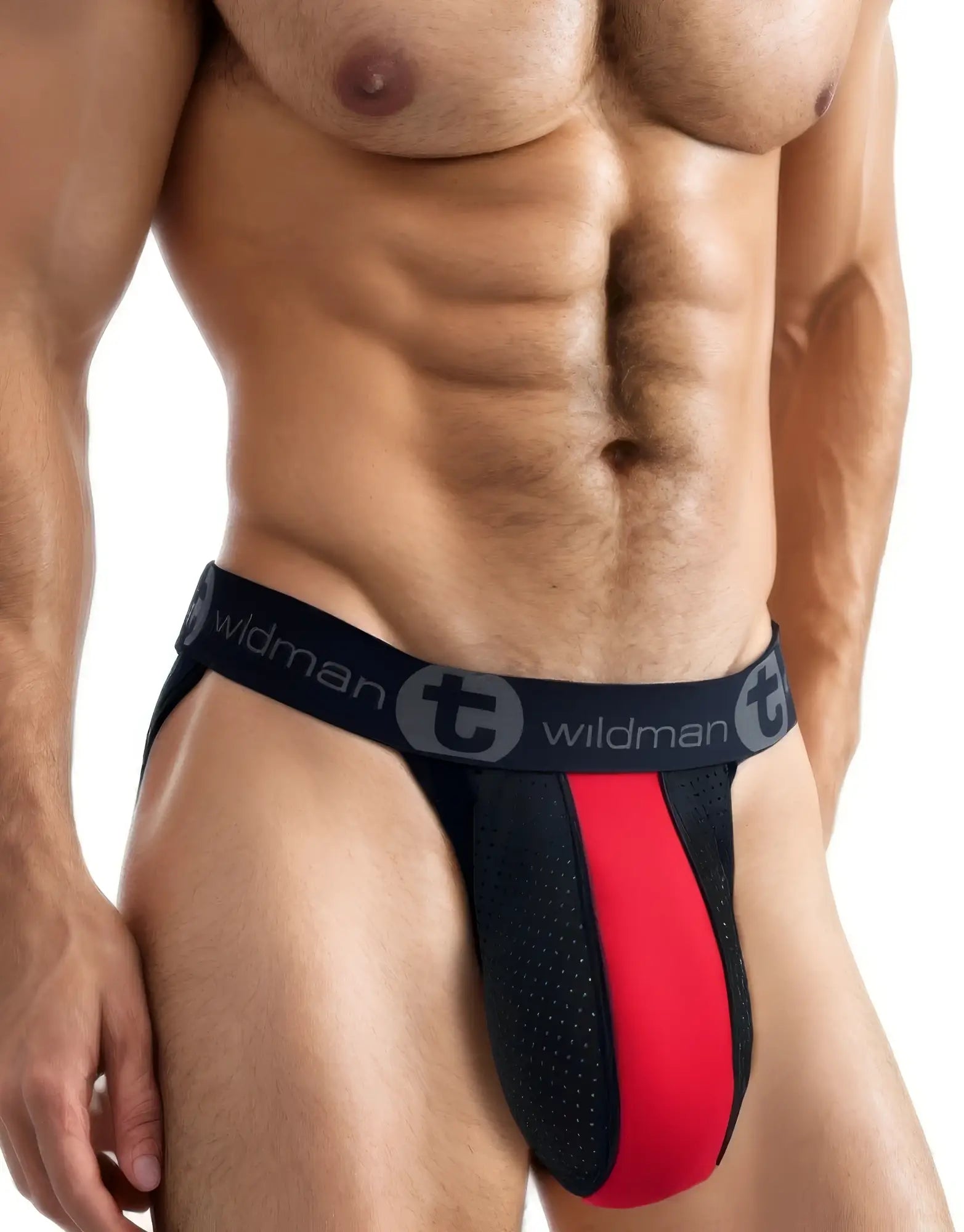 A red and black athletic jockstrap with a perforated pouch and a black waistband featuring the Wildman brand logo.